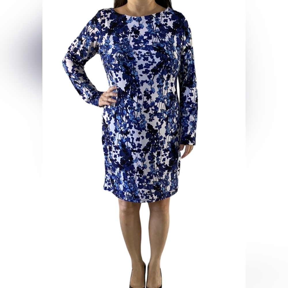 Nicole Miller Womens Dress Blue White Floral Long Sleeve Stretch Sheath XL 16-18